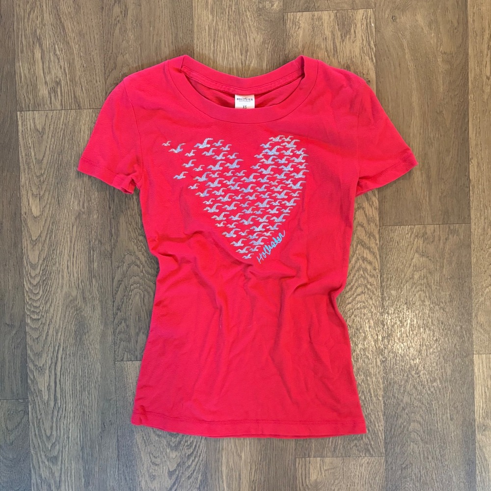 Vintage Y2K Mall Core Womens Hollister Surf Co. Glitter Heart Bird Slim T Shirt